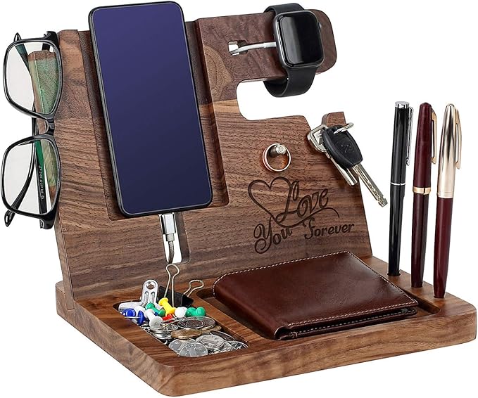 Wood Phone Docking Station for Men Personalized - for Him Husband Boyfriend Birthday - Wooden Organizer Nightstand Organizer