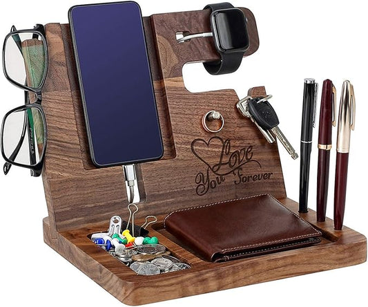 Wood Phone Docking Station for Men Personalized - for Him Husband Boyfriend Birthday - Wooden Organizer Nightstand Organizer