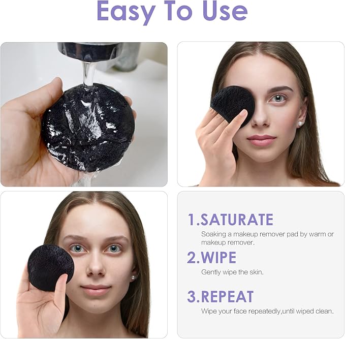 SUNLAND Reusable Makeup Remover Pads for Face,Eye,Lips 32 Pack Microfiber Face Cleansing Gloves Washable with Laundry Bag and Travel Bag Rounds Toner Pads（Round 3.15inchx32,Black）