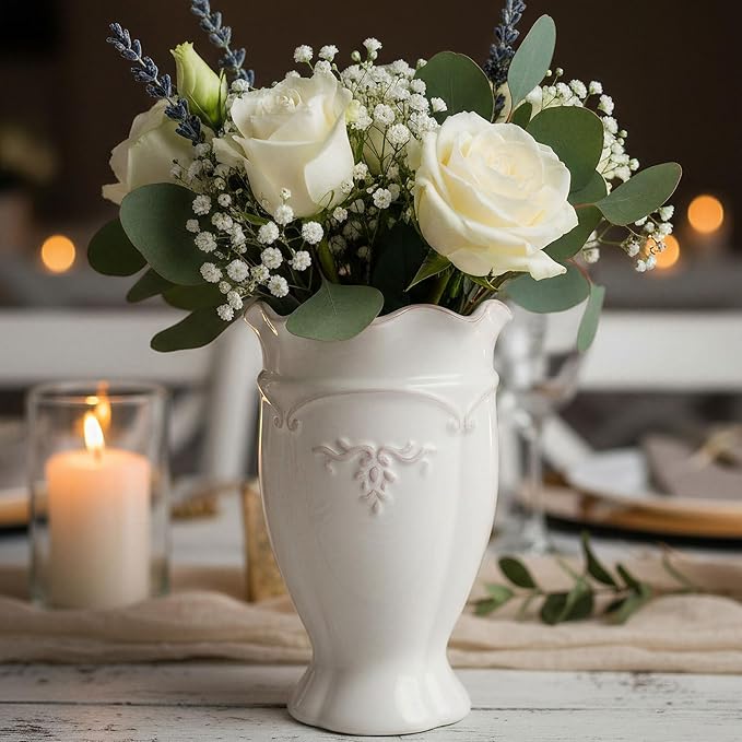 hjn White Ceramic Vase- French Flower Vase for Decor Small Vintage Vases for Flowers/Home Decoration/Kitchen/Table/Living Room/Shelf/Mantel/Office-Height-6.8"