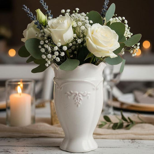 hjn White Ceramic Vase- French Flower Vase for Decor Small Vintage Vases for Flowers/Home Decoration/Kitchen/Table/Living Room/Shelf/Mantel/Office-Height-6.8"