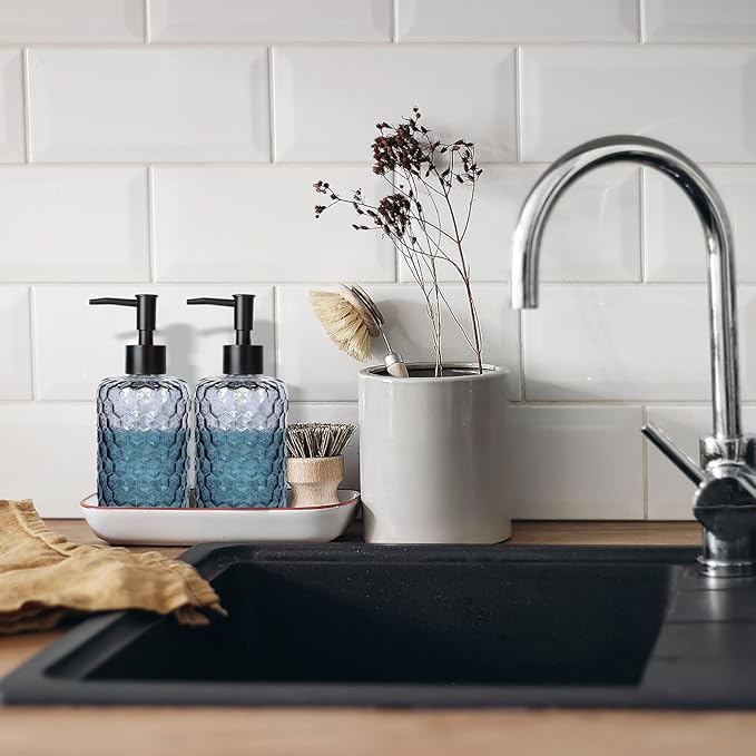 Clear Charcoal Blue Glass Soap Dispenser with Pump, 16oz Honeycombed Design Hand Soap Dispenser, Refillable Lotion & Dish for Dishwashing Liquid, Lotion