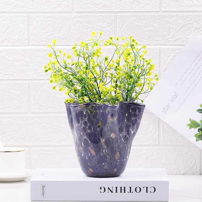 Hand Blown Glass vase Decorative, Purple Wide Mouth Petal vase, Modern Art Design Decorative vase for Home Decor Living Room, Centerpiece, Table and Wedding.huaban (E-2)