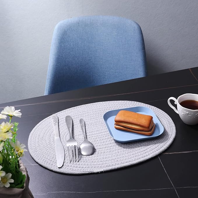 4 Pack Oval Woven Placemats, Gray Cotton Rope Braided Placemats with 4 Pack Round Fabric Coasters, Heat-Resistant Non-Slip Cotton Table Mats Charger Plates for Table Decoration (Gray)
