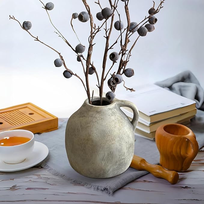 5.6 Inch Handmade Rustic Ceramic Vase with Handle, White Grey Vintage Farmhouse Vase, Pottery Flower Vase for Living Room, Office, Thanksgiving Centerpieces