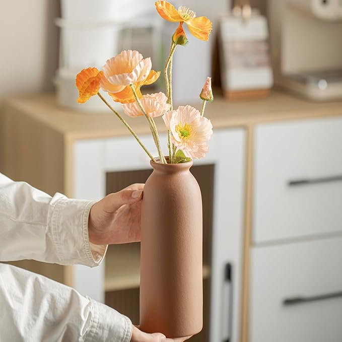 Ceramic Vase Set-3, Small Flower Vases for Decor, Modern Boho Farmhouse Style, Decorative Vases for Pampas Grass & Dried Flowers, Distressed Finish (Earth Tone)