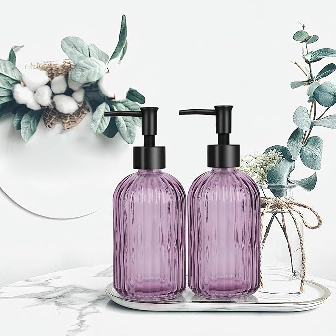 Glass Soap Dispenser with Plastic Pump, Hand Soap Dispenser for Hand Wash, Lotion Dispenser for Dishwashing Liquid, Lotion Shower Gel (Striped Purple)