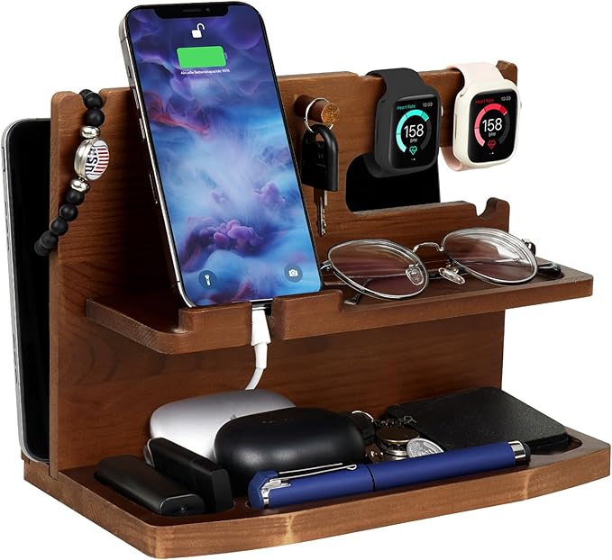 Gifts for Men Desk or Nightstand Organizer - Wood Phone Docking Station - Birthday Gifts for Husband, Fathers Day for Dad - Anniversary Idea from Wife - Key Holder, Stand Wallet, Watch & Essentials