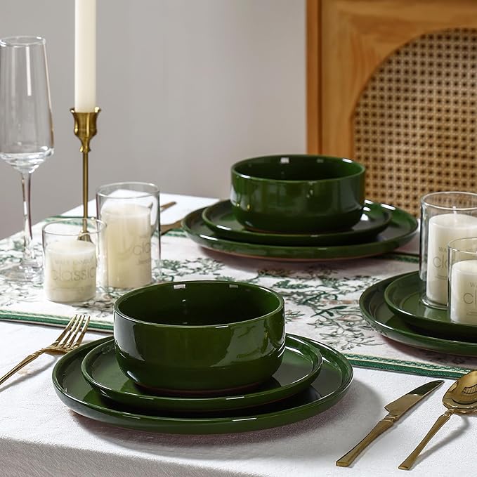 GZG Modern Art Series - 12 Pcs Speckled Stoneware Plates and Bowls Sets, Ceramic Dinnerware Set with Rustic Terracotta Underside, Microwave and Dishwasher Safe Handcrafted Dishes Set - Verdant Green