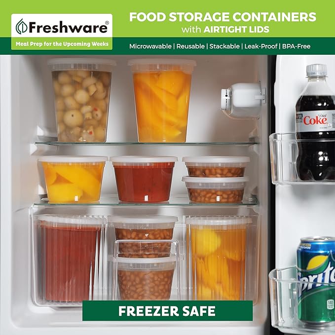Freshware Food Storage Containers [240 Set] 12 oz Plastic Deli Containers with Lids, Slime, Soup, Meal Prep Containers, BPA Free, Stackable, Leakproof, Microwave, Dishwasher and Freezer Safe