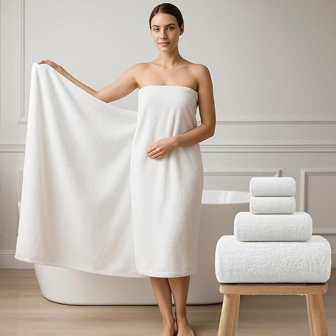 REDKISS Ultra-Plush Bath Towel Set - 900GSM Premium Thick Cotton for Bathroom & Spa, Super Absorbent Quick-Dry Bath Sheets with No Shedding (4-Piece Set for Adults, Luxury Hotel & Home Use)-White