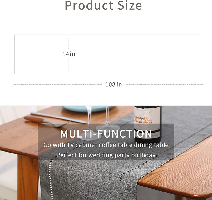 Tosewever Decorative Linen Table Runner Farmhouse Style Tabletop Collection 14 x 108 Inches Table Runners for Everyday Dining Wedding Party Holiday Home Decor (14" x 108", Grey/Straight)