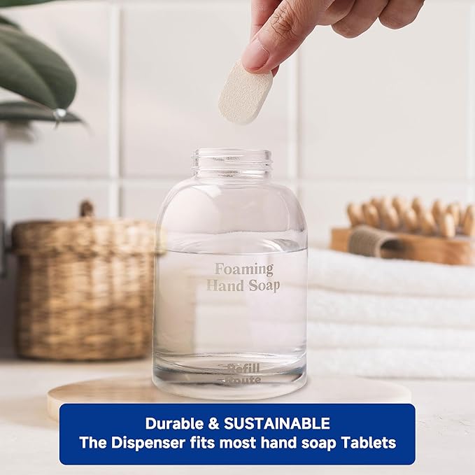 Foaming Hand Soap Refills & Dispenser Glass, 12 Hand Soap Tablets+1 Foaming Dispensers+2 Microfiber Cloths, Make 96 fl oz(12 x 8) - No Plastic, Vegan, Cleansing & Moisturizing, Lemon Scent