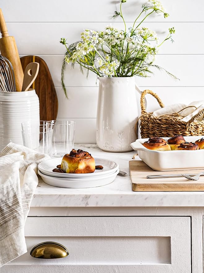 LE TAUCI Dishes Set with Pasta Bowls for 4, Stoneware Dinnerware Set, 10" Dinner & 8" Salad Plates, 6" Bowls, 8.5" Pasta (30 oz), Stackable, Microwave & Dishwasher Safe Ceramic, 16-Piece, White