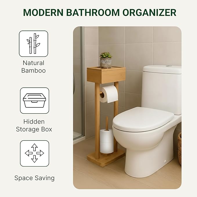Bamboo Toilet Paper Holder Stand with Storage Shelf Box, Freestanding Bathroom Tissue Organizer and Wipes Dispenser, Rotating Swivel Lid, Eco-Friendly Natural Wood Home Decor Gift