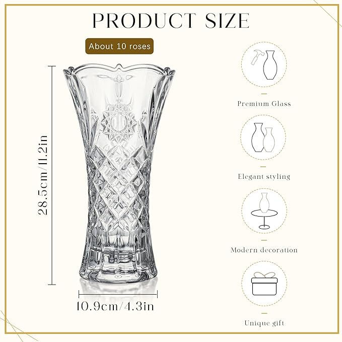 kanpura 11.2'' Clear Tall Crystal Vase Glass Vases for Flower Thickened Flower Vase for Christmas Party Centerpieces(1 Piece)