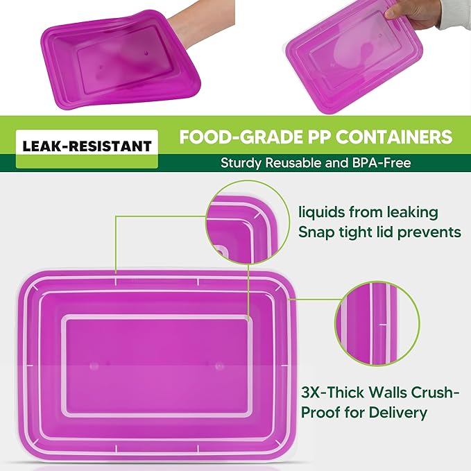 50 Pack Meal Prep Containers with Lids 38oz - BPA-Free, Reusable, Leakproof Food Storage Containers - Microwave/Dishwasher/Freezer Safe, To Go Take Out Plastic Food Storage Pans(Purple)