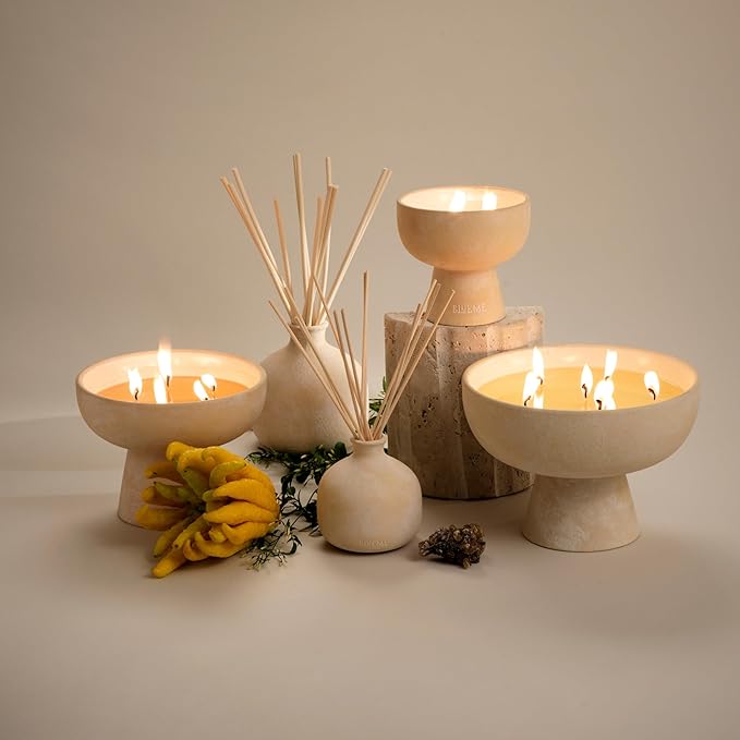 BLUEME Nostalgia - Bergamot & Musk, Luxury Candle w/Essential Oils, 6 Wick, Hand-Poured Soy, Cotton Wick, Ceramic