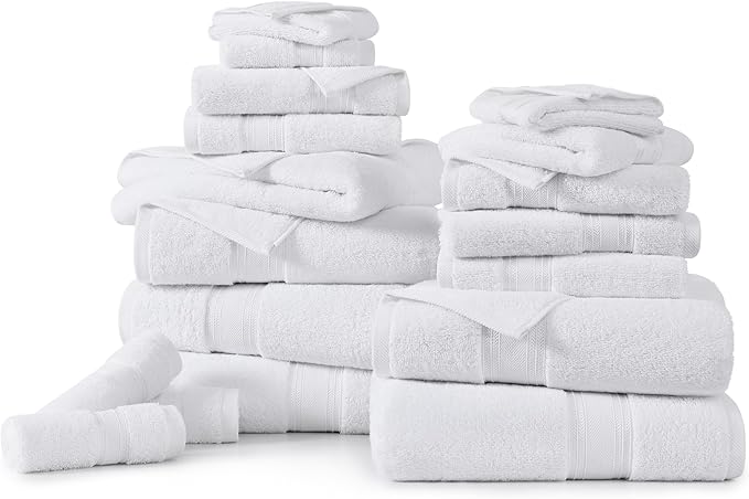 LANE LINEN Towel Set of 18 – 100% Ring-Spun Cotton, Zero Twist, 6 Large Bath Towel, 6 Hand Towels & 6 Wash Cloths, Quick Dry & Long-Lasting, Perfect for Family Bathrooms, Easy Care – White Towels