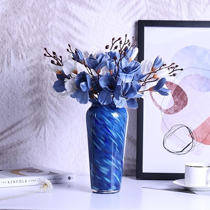 Blown Glass Blue vase, Blue Home Decor, Modern Art Wide Mouth vase for Living Room Dining Table Coffee Table entryway TV Stand nightstand Centerpiece.