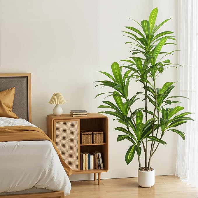 6FT Artificial Dracaena Tree, Faux Dracaena Plant with Stones in White Round Planter, Tall Fake Floor Plant for Indoor Home Office Living Room Decor