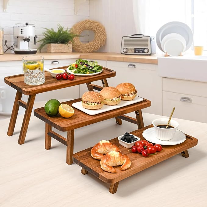 GEHE 3 Tier Serving Stand, Acacia Wood Dessert Table Display Cupcake Stand, Rustic Foldable 3-Tiered Serving Trays & Platters, Large Charcuterie Board for Birthday Wedding Bridal Shower Tea Party