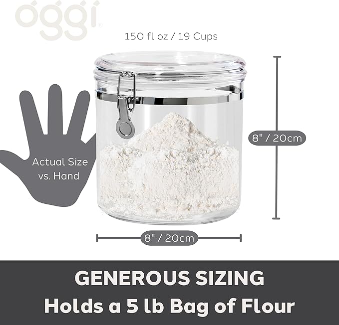 Oggi Jumbo Clear Canister with Clamp Lid, 150 oz - Airtight Food Storage Container, for Kitchen & Pantry Storage of Bulk, Dry Foods Including Pasta, Flour, Sugar, Coffee, Rice, Tea, Spices & Herbs