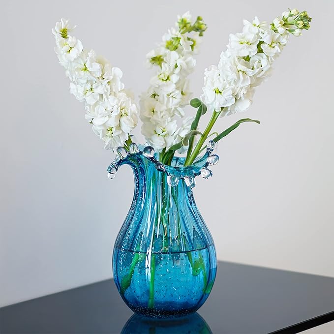 8inch Blown Glass Bubble Vase Collection Modern Art Flower Vase Decoration for Home Decor Living Room,Office,Centerpiece,Table and Wedding,Blue