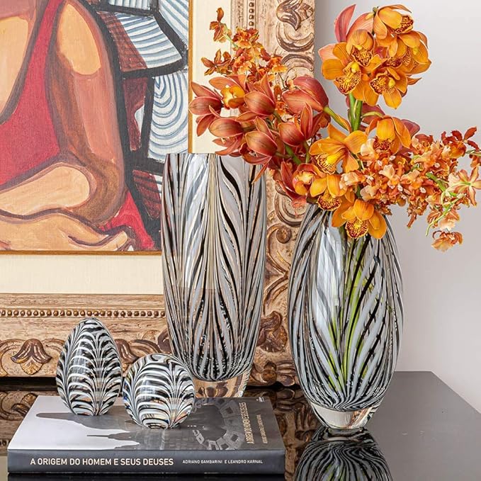 Ca D Oro Murano Style Glass Vase Black and White Feather Pattern Hand Blown Art Glass for Flower, Room Decoration and Centerpiece - Model 54 MS