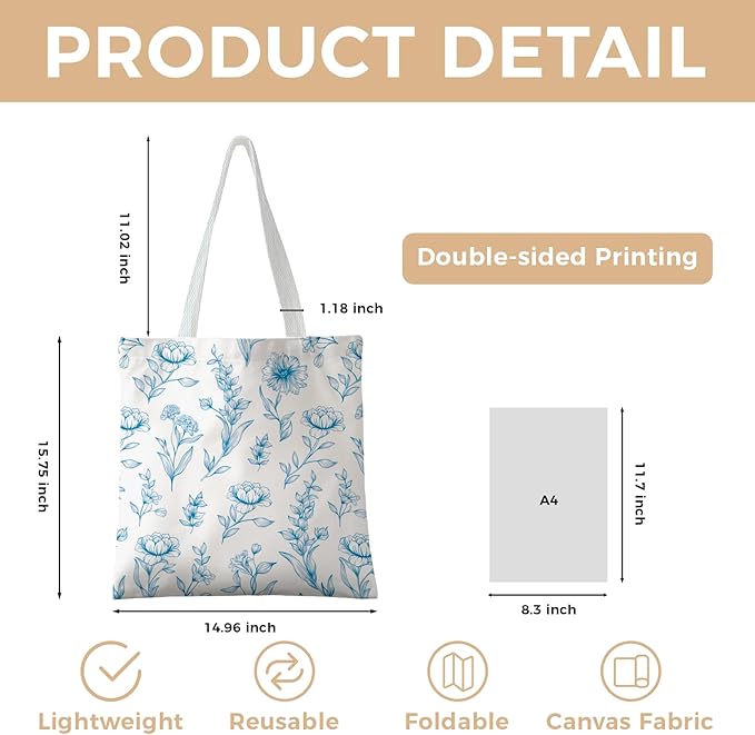 Cute Aesthetic Canvas Tote Bag for Women, Reusable Foldable Shopping Cotton Shoulder Totebag with Zipper Pocket