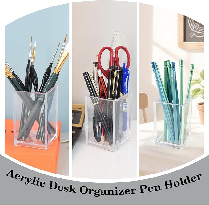 20 Pack Clear Acrylic Pen Holder for Desk, Pencil Cup Makeup Brush Organizer, Square Acrylic Pencil Holders for Office School Home Supplies, Desktop Stationery Organizer for Pens Markers Brushes