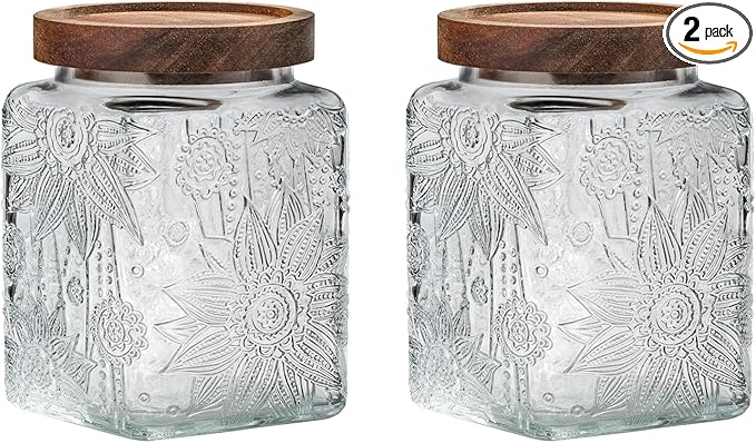 Snminetal Vintage Glass Airtight Storage Jar, With Airtight Wood Lid, Kitchen Food Storage Containers,for Kitchen Counter, Pantry, Tea, Sugar, Coffee Tea Beans,Flour,Food Storage Jar (Sunflower*2)
