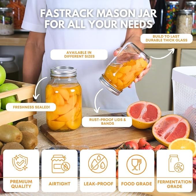 FastRack 16 oz Regular Mason Jars (Pack of 12) with 12 Lids & 1 Black Mason Jar Gripper | Glass Jars with Airtight Lids | Large Mouth Glass Jar for Food Storage, Canning, Fermentation, Pickling