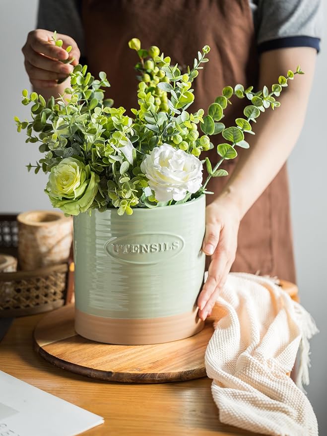 YHOSSEUN Kitchen Utensil Holder, Ceramic Utensil Holder for Kitchen Counter 6.7" Large Cooking Utensil Crock Farmhouse Utensil Organizer Storage, Oval Opening, Green