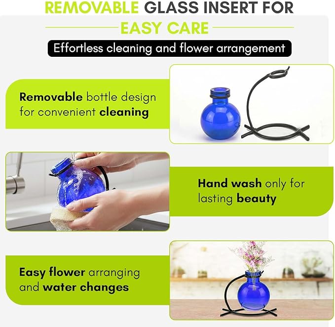 Couronne Company M501-200-15 Casablanca Recycled Glass Vase & Metal Stand, 4", Cobalt Blue, 1 Piece