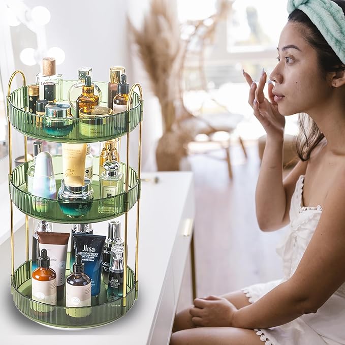 Rotating Makeup Organizer Countertop 3 Tier Lazy Susan Trays Clear Skincare Perfume Storage for Bathroom Counter Vanity, Green Gold