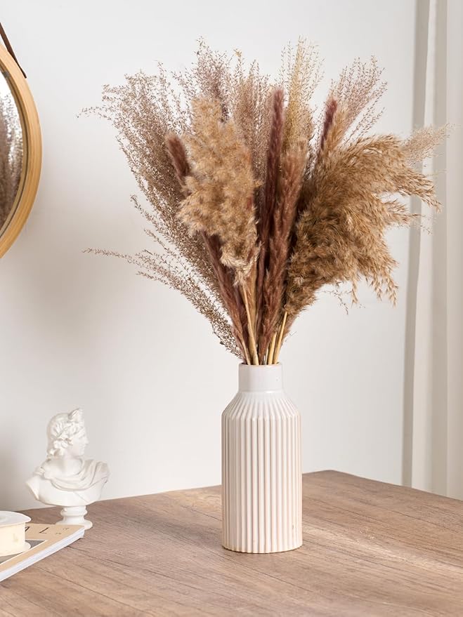 White Ceramic Flower Vase, Minimalist Home Decoration, 8 Inch Small Pampas Grass Vases for Kitchen, Bedroom, Office, Living Room, Bathroom, Shelf Centerpiece Table (White Beige)