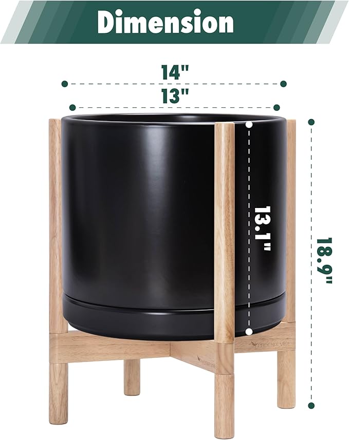 D'vine Dev Ceramic Planter with Natural Stand - 14 Inch Modern Round Flower Pot with Wood Planter Holder, Black, 55-B-R-2