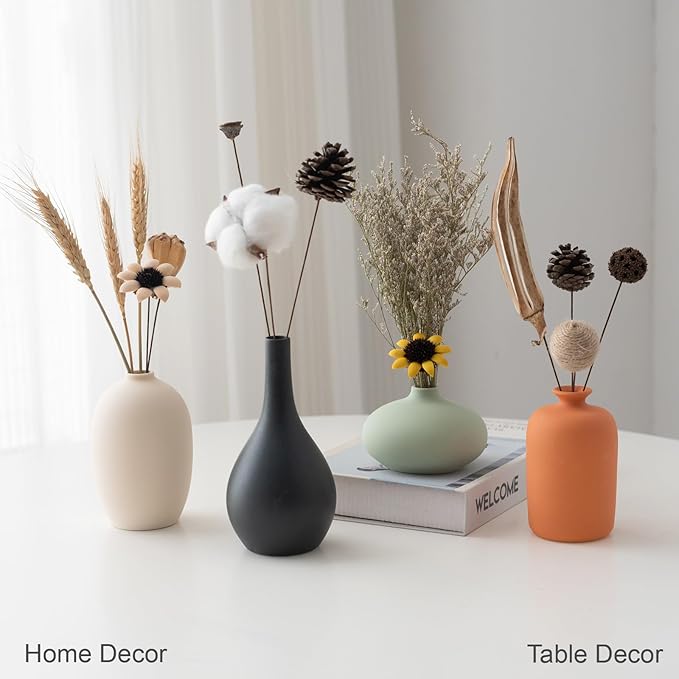 Set of 4 Small Matte Ceramic Vases - Modern & Bohemian Decor for Home, Office, Shelve, Living Room Table, Mantel, Bedroom, Entryway, Rustic Farmhouse Decorative Vases & More（Hademade