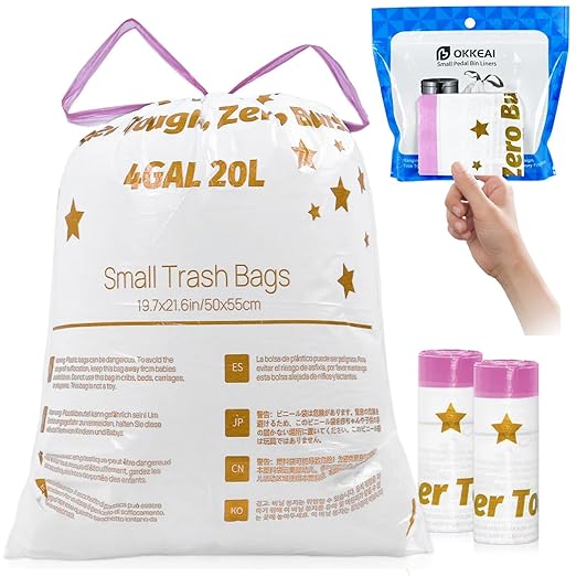 OKKEAI 4 Gallon Bathroom Trash Bags, Small White Drawstring Garbage Bags 60 Count – Heavy Duty Leak-Proof Tear-Free Wastebasket Liners with Safety Warning for Bathroom, Kitchen, Bedroom, Office