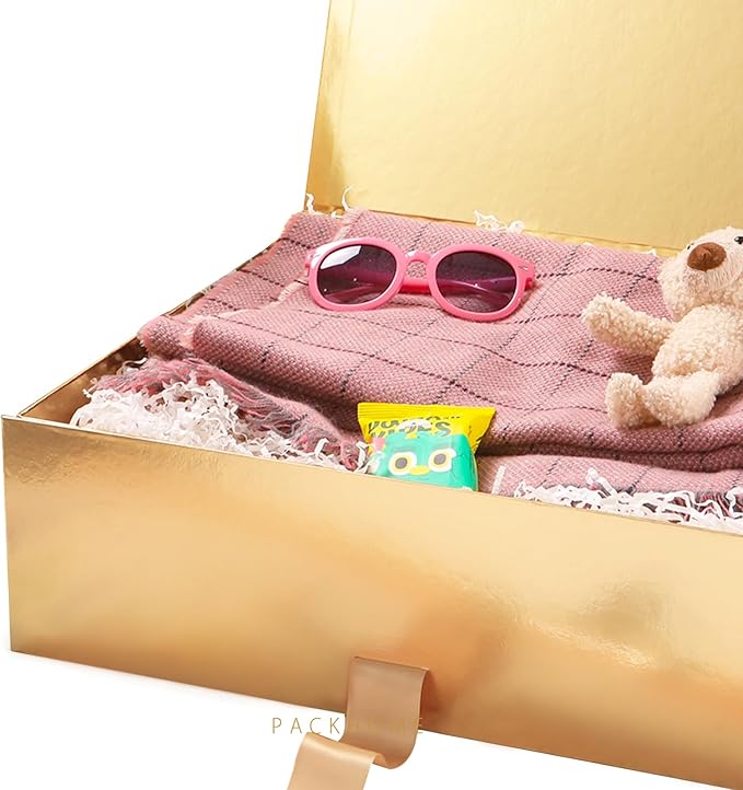 PACKHOME 17x14.5x5.5 Inches, 3 Extra Large Gift Boxes with Lids, Magnetic Closure Boxes with Ribbon for Clothes and Large Gifts (Glossy Gold)