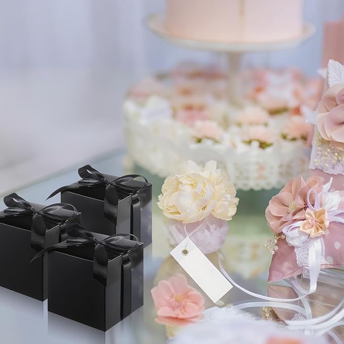 48 Pcs Christmas Gift Boxes with Ribbon Small Party Favor Boxes with Lids Mini Treat Candy Container for Wedding, Party, Birthday, Valentine's Day and More(Black,2 Inch)