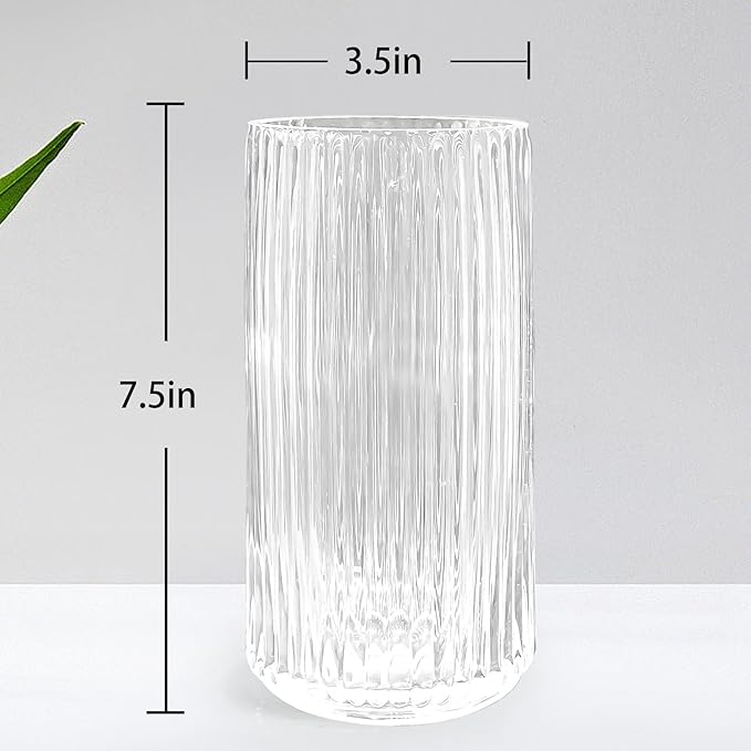 Muyan 7.5" Flower Vase for Decor Ribbed Glass Vase Modern for Centerpieces Desktop Home Office Dining Living Room Wedding (Clear)