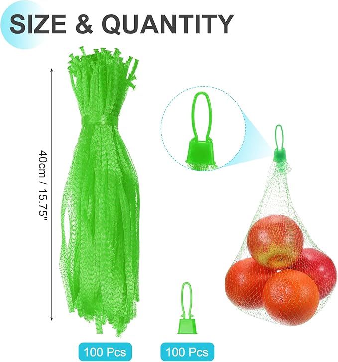 uxcell 100 Pcs Reusable Mesh Produce Bags, 40cm/16 Inch Washable Net Storage Bags Reusable Grocery Reusable Storage Bags with Plastic Buckle for Fresh Fruit Vegetables Seafood, Green