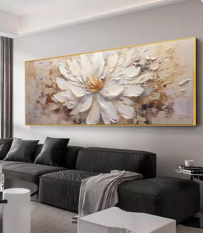 Hand-Painted Flower Canvas Oil Painting for Living Room, Large White Floral Canvas Wall Art for Bedroom,Gold Framed 3D Textured Painting for Office Kitchen Home Decoration 24x56 inches