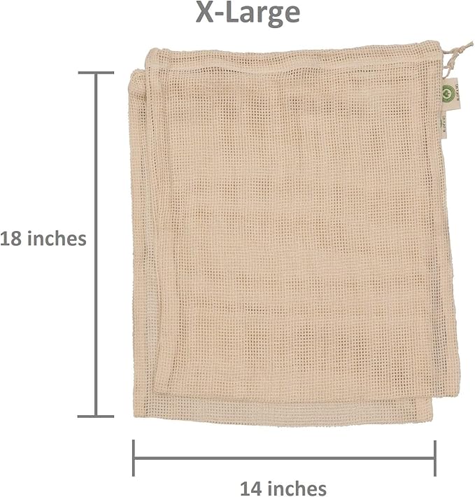 Cotton Mesh Produce Bags - Washable, Organic Cotton Vegetable Storage Bags - Large Net Mesh Onion & Potato Storage Sacks - 14"x18" (6 XL)