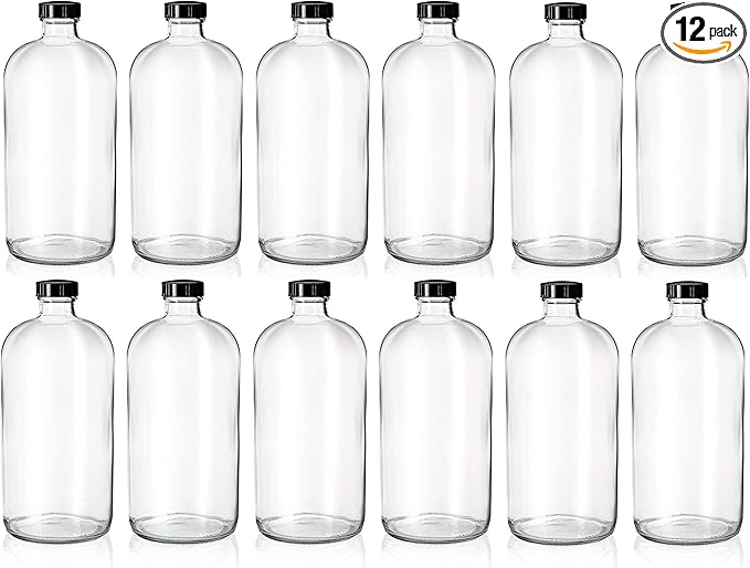 kitchentoolz Set of 12 Clear 32oz Boston Round Glass Bottles with Black Caps – Airtight Poly-Cone Sealed Bottles for Kombucha, Kefir, Beer, Fermentation, and Storage