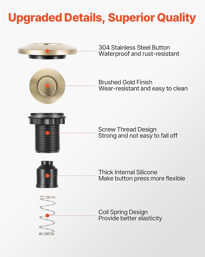 VEVOR Garbage Disposal Air Switch Kit, 2.5" Sink Top Air Switch for Food Waste Disposal, Brushed Gold Stainless Steel ON/OFF Air Button for Waste Disposer - Suitable for Stainless Steel Countertops