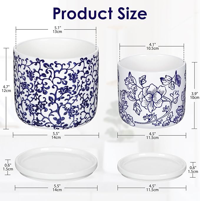 Set of 2 Blue and White Ceramic Plant Pots with Drainage Hole and Saucers, Retro Blue Porcelain Flowers Round Planters for Succulent Cactus Indoor Outdoor Garden Home Desktop Decor, 4.5+5.5 Inch