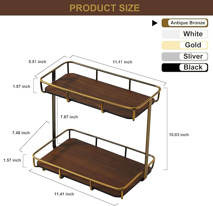 Bathroom Organizer Countertop Perfume Organizer Makeup Organizer Cosmetics Storage Display Rack Vanity Tray Dresser Stainless Steel Gold Shelf Wooden Tray